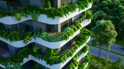 Fototapeta premium Modern Eco-Friendly Building with Lush Greenery on Balconies and Sustainable Architecture in Urban Setting