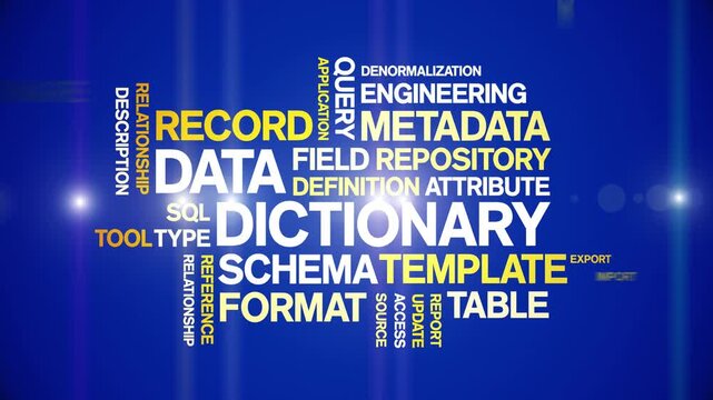 Data Dictionary animated word cloud-text design animation tag kinetic typography seamless loop.