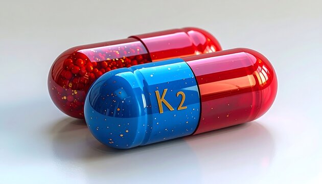 Two capsules, one red and one half red half blue with K2