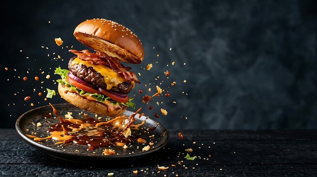 Exploding burger with ingredients in the air for creative food advertising concept