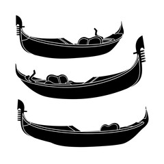 Three Black Gondolas Silhouettes on White Background, Venice Transport Icon © salep