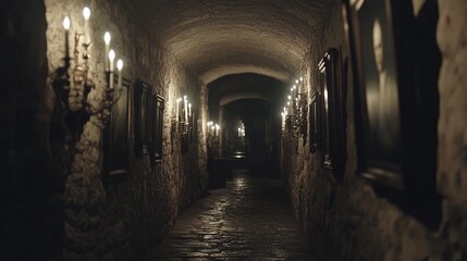 Fototapeta premium dimly. Long stone corridor with flickering candlelight and ancient portraits on walls. real-estate listings, architecture portfolios, designed for real-estate listing and luxury residence showcases.