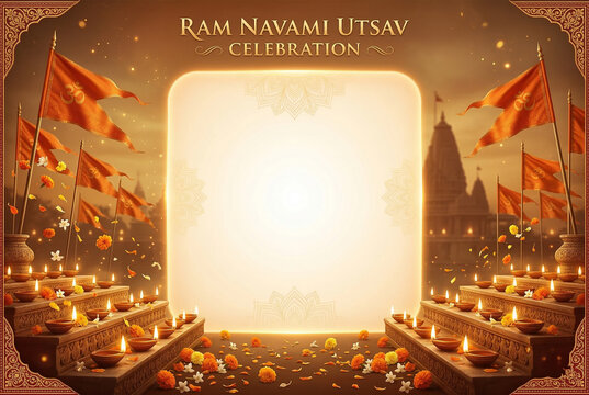Ram Navami Utsav Celebration Background with Saffron Flags and Glowing Diyas