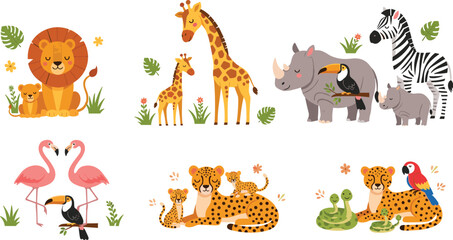 Fototapeta premium Cute Safari Animal Families Cartoon Vector Set with Lion, Giraffe, Rhino, Zebra, Flamingo, Leopard and Tropical Birds