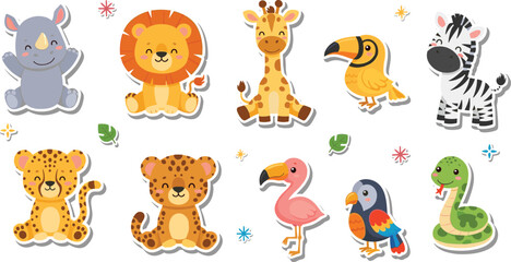 Cute Safari Animal Sticker Style Cartoon Vector Set with Lion, Giraffe, Zebra, Rhino, Leopard, Flamingo and Toucan © nice