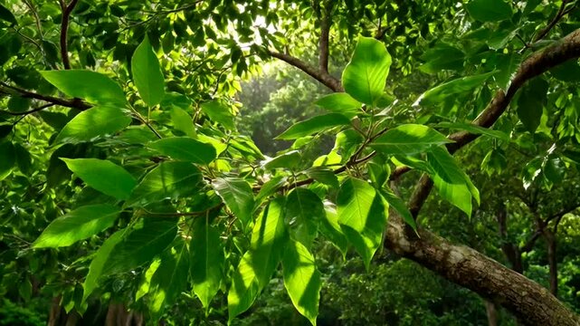 Close up of a tree branch with lush, vibrant green leaves reaching towards sunlight in the summer forest
