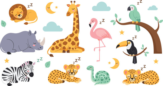 Cute Sleeping Savannah Animals Cartoon Vector Set with Lion, Giraffe, Zebra, Rhino, Flamingo, Toucan and Leopard Characters