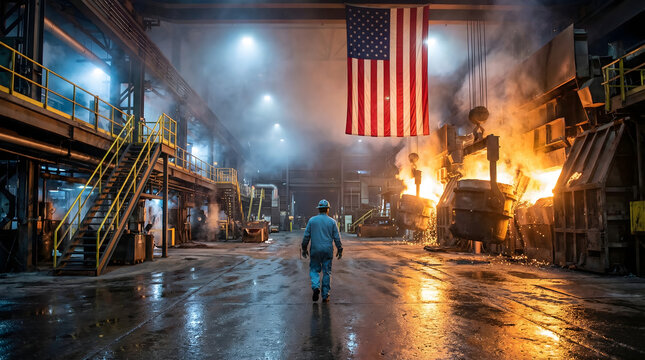 A factory worker walks through a dimly lit industrial foundry where molten metal glows brightly and sparks fly under an American flag