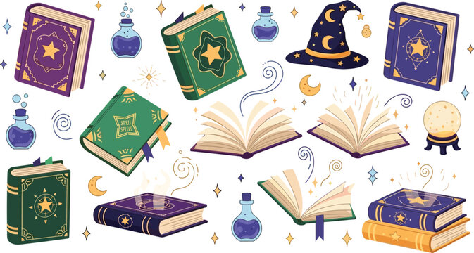 Magic Spell Books and Wizard Elements Cartoon Vector Set with Potions, Crystal Ball, Witch Hat and Open Grimoires