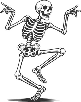 Dancing skeleton vintage engraving Halloween vector illustration