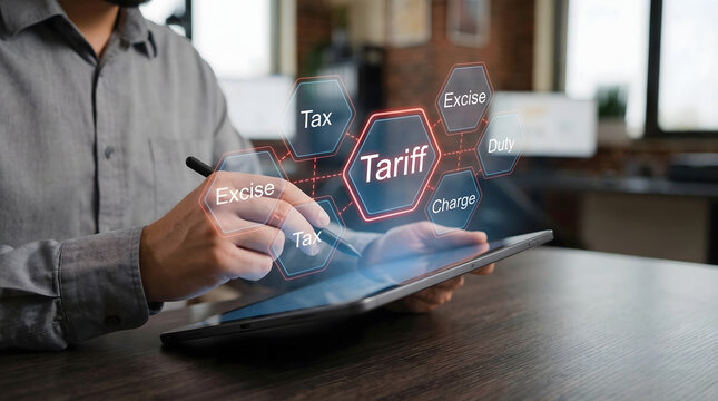 A professional person uses a digital pen on a tablet to interact with a virtual display showing key financial terms like Tariff Tax and Excise in a mo