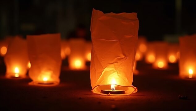 Floating Lanterns Illuminate the Night Sky During a Festival Celebration.