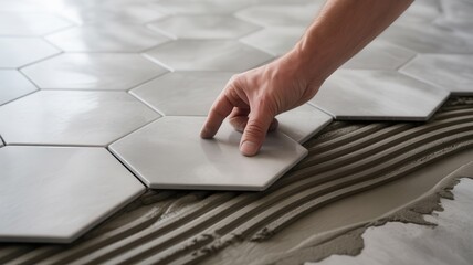 Hand placing hexagonal tiles on wet cement floor