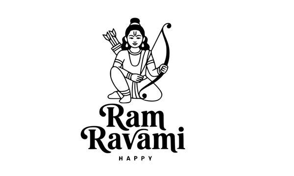 Happy Ram Navami black line art illustration of Lord Rama seated with bow and arrow, elegant decorative typography on white background for Hindu festival poster and print use