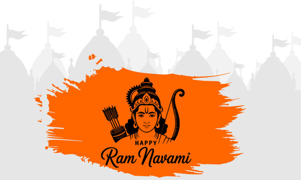 Happy Ram Navami elegant festival card with Lord Rama face on orange brush stroke and soft white Ayodhya temple silhouette background for Hindu celebration poster design