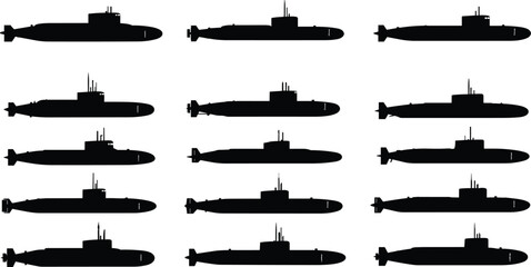 Submarine silhouettes collection, military naval submarines set, underwater warship icons, navy submarine vector illustration pack, defense vessel   © Mojahid