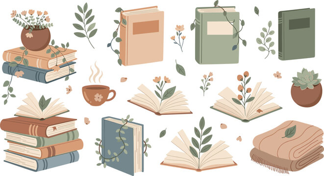 Cozy botanical books collection vector illustration with plants flowers open books tea cup blanket aesthetic reading set