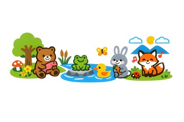 Obraz premium Playful animals enjoying a sunny day near the water at a colorful park in the afternoon hours