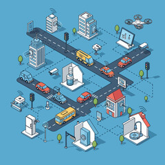 Fototapeta premium Isometric illustration of a smart city with connected infrastructure and vehicles.