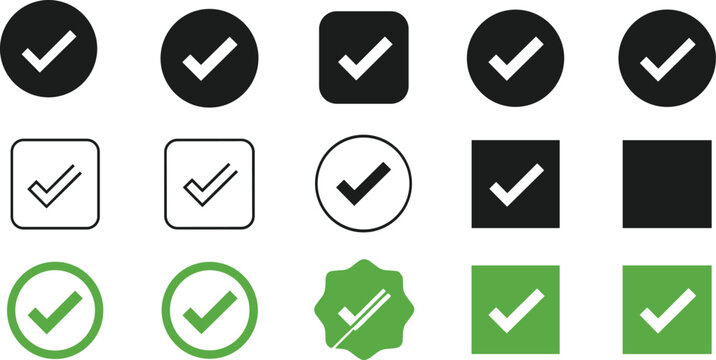 Comprehensive set of check mark icons featuring green black and outline styles in circle and square shapes for quality assurance approval and task completion