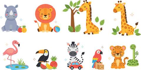 Cute safari animals cartoon vector set with lion giraffe zebra rhino flamingo toucan parrot leopard snake kids illustration © nice