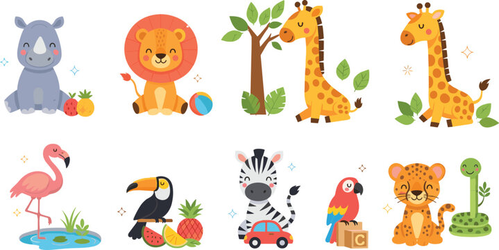 Cute safari animals cartoon vector set with lion giraffe zebra rhino flamingo toucan parrot leopard snake kids illustration