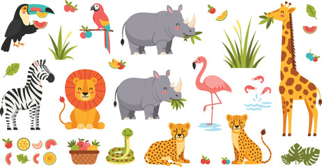 Cute safari animals jungle cartoon vector set with giraffe lion zebra rhino flamingo leopard snake tropical elements © nice