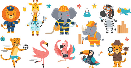 Cute safari animals professions cartoon vector set with lion police giraffe doctor elephant firefighter zebra pilot leopard photographer © nice