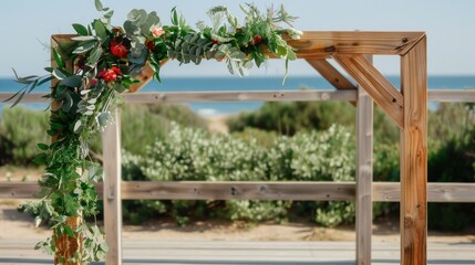 Fototapeta premium Elegant wooden arch adorned with lush green foliage and vibrant flowers, perfect for outdoor wedding ceremonies by the seaside