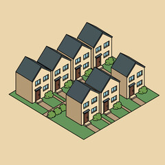 Fototapeta premium Isometric illustration of a neighborhood with several houses, each with a yard and pathway.