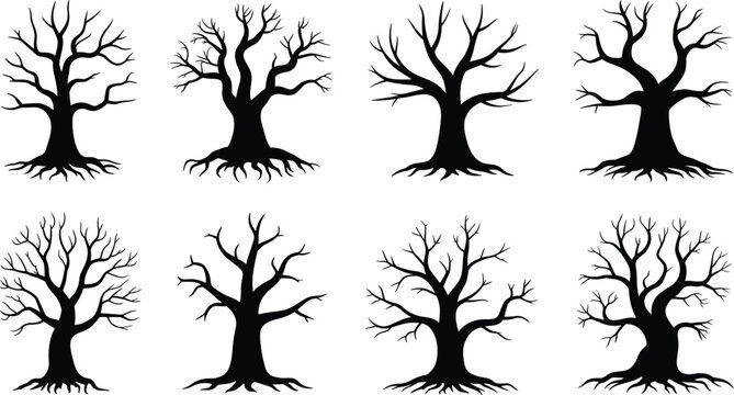 Bare tree silhouette collection, leafless winter forest trees with branches and roots isolated on white background, nature illustration set for landscape design