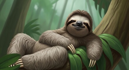 Fototapeta premium Smiling Sloth Resting on Green Leaves in Tropical Forest