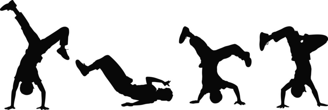 Breakdance dancer silhouettes performing hip hop street dance moves, dynamic b-boy freeze and handstand poses collection isolated on white background for urban sport design