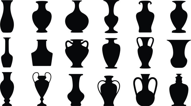 Collection of classic ceramic vase silhouettes set, antique pottery urn shapes, decorative vessel icons isolated on white background for design, logo, and art reference
