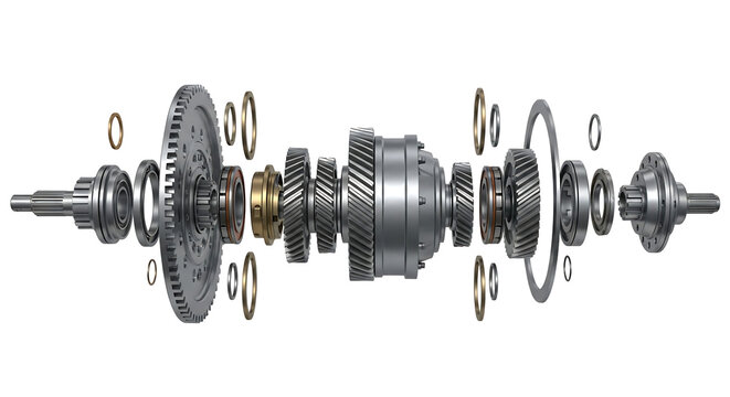 Exploded view of a complex automotive transmission system showing individual gears and shafts.