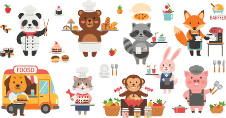 Fototapeta premium Cute Animal Chefs and Food Vendors Cartoon Vector Set with Panda, Fox, Bear, Rabbit Cooking Characters