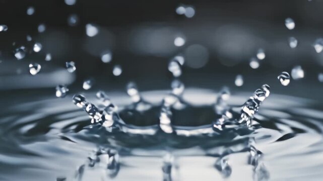 Extreme close-up in slow motion of a water drop falling into dark water and creating a perfect crown splash with ripples and bokeh