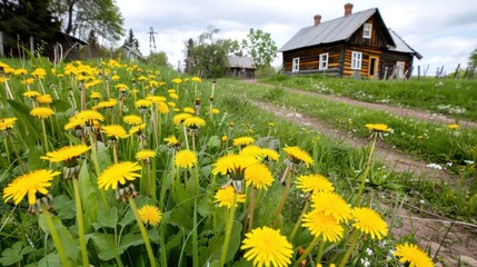 Obraz premium Vibrant Dandelions Blooming in a Lush Green Field Near a Rustic Wooden House in the Countryside