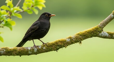 Obraz premium Black Bird Perched on Mossy Tree Branch