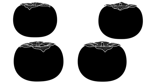 Four Black Persimmons Silhouette, Isolated on White Background, Minimalist Fruit Illustration