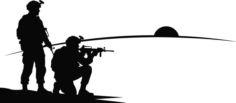 Military soldiers silhouette standing and kneeling with rifles at sunset isolated on white background, army combat mission vector illustration set.