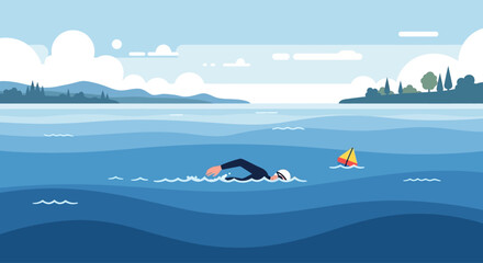 Triathlete swimming in open water with buoy and distant shoreline, blue sky and clouds © tenor