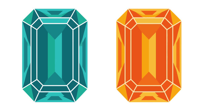 Two faceted gemstones, emerald cut, teal and orange, isolated on white background, luxury, precious