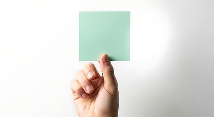 Fototapeta premium Hand holding blank green square paper note isolated on white background