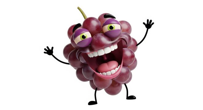 A funny, cartoonish bunch of red grapes with big eyes and a wide-open laughing mouth, standing on a white background.