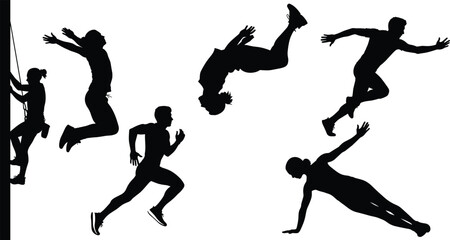 Parkour silhouettes in motion, climbing, jumping, running, flipping, diving, sliding, extreme sport, agility, strength, fitness, adventure, urban movement, energy © Md