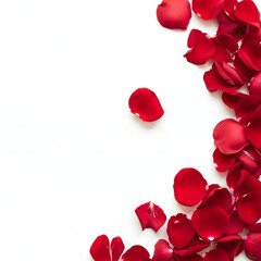 Fototapeta premium Vibrant red rose petals scattered on white background for floral design and decoration