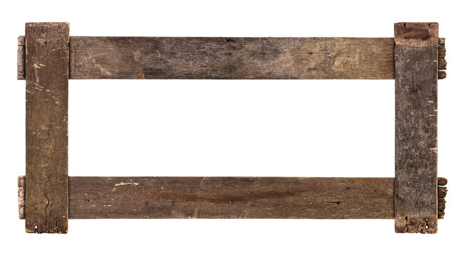 Old rustic wooden frame made of weathered wood planks forming a natural border