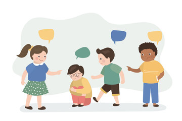 Unhappy child is crying because group of children are bullying and beat his, boy being bullied, bullying concept. Multi ethnic kids bully friend or classmate