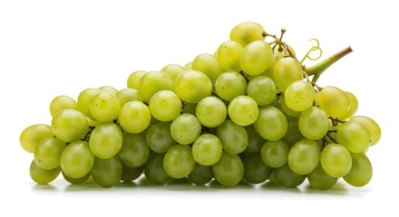A vibrant bunch of fresh green grapes, ripe and juicy, isolated on a clean white background, showcasing their natural beauty and readiness for consumption.